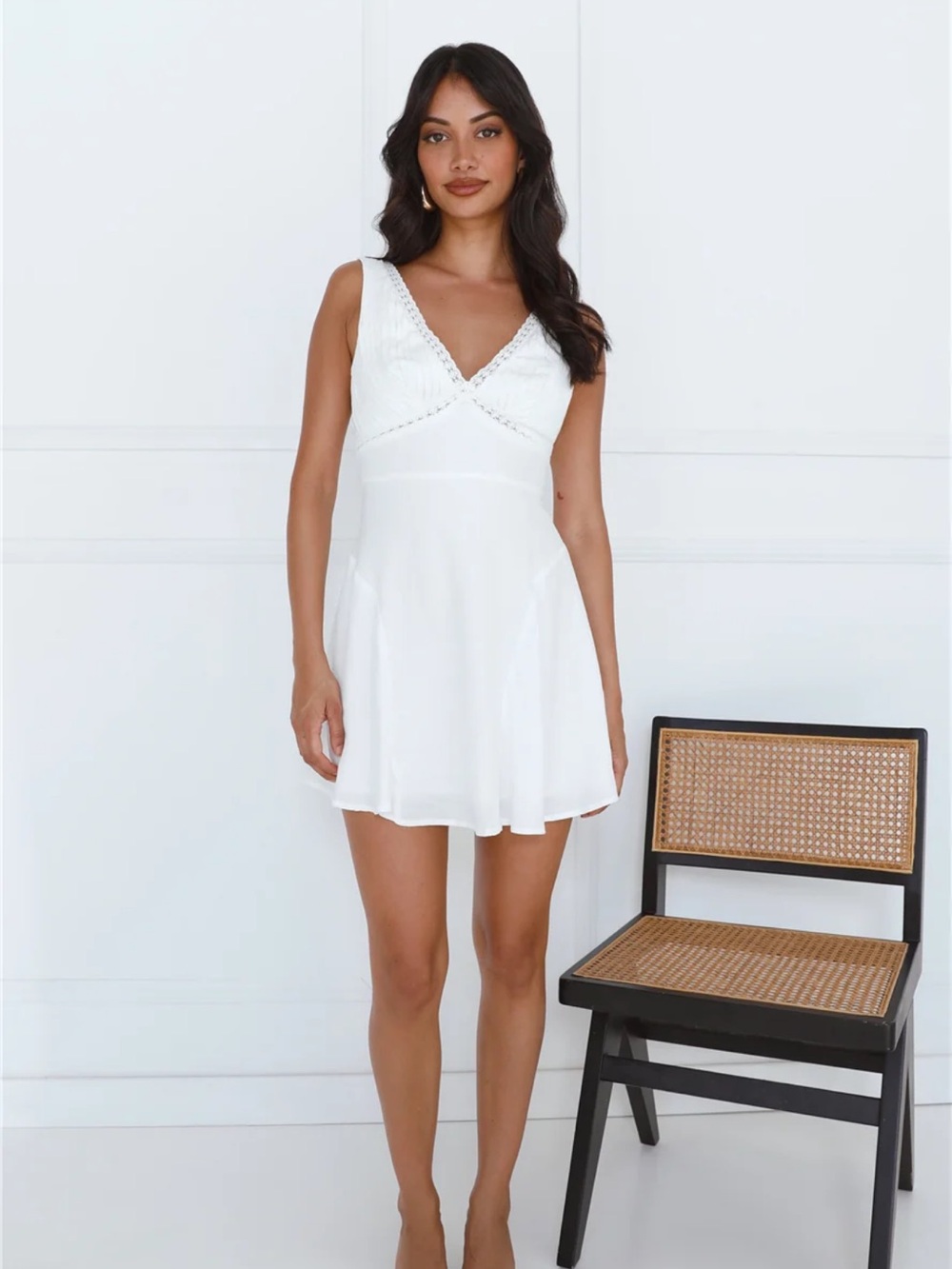 Hello Molly White V-Neck Lace-Trim Mini Dress
